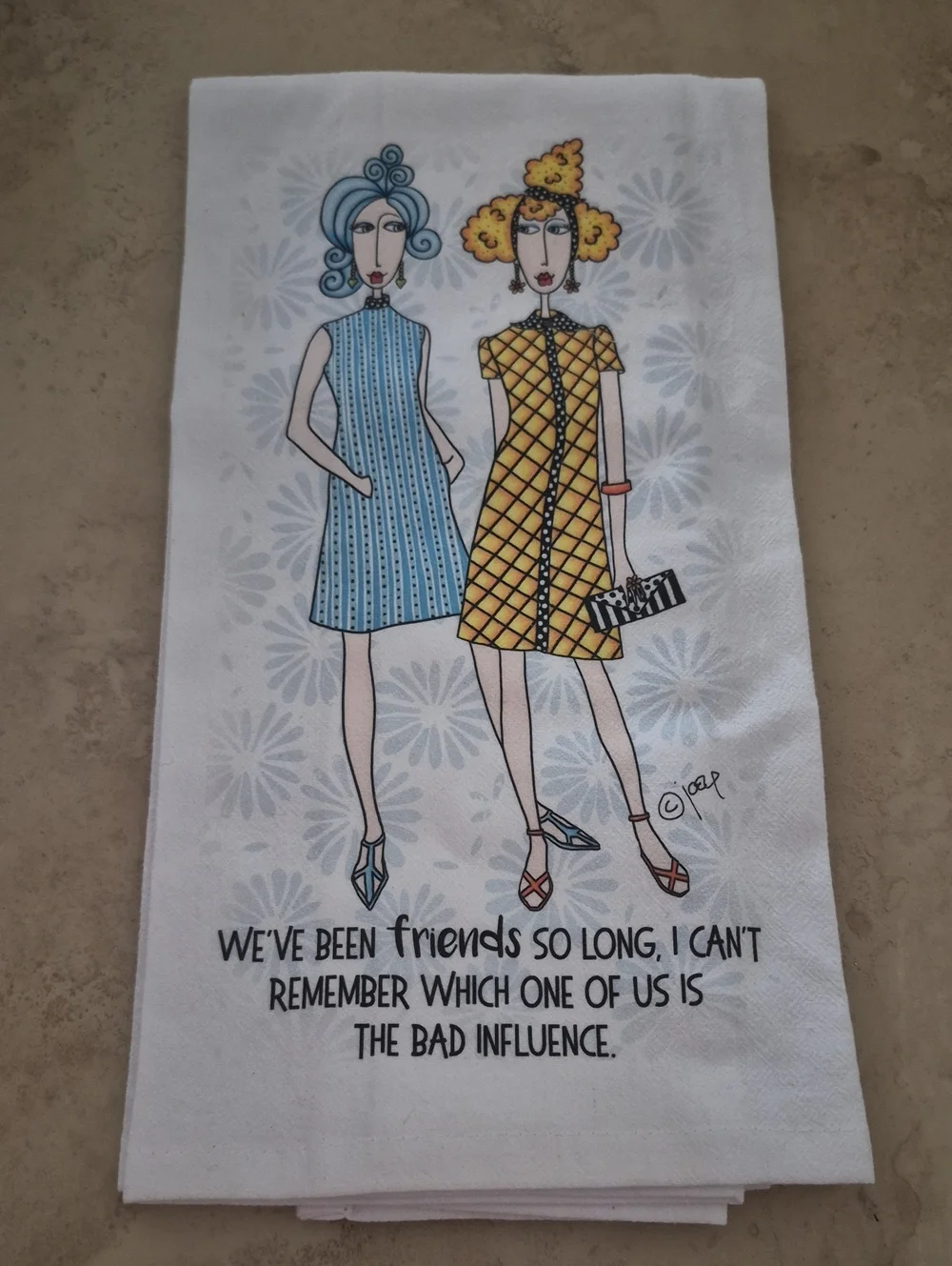 Humorous Friends Tea Towel with Blue and Yellow Illustration